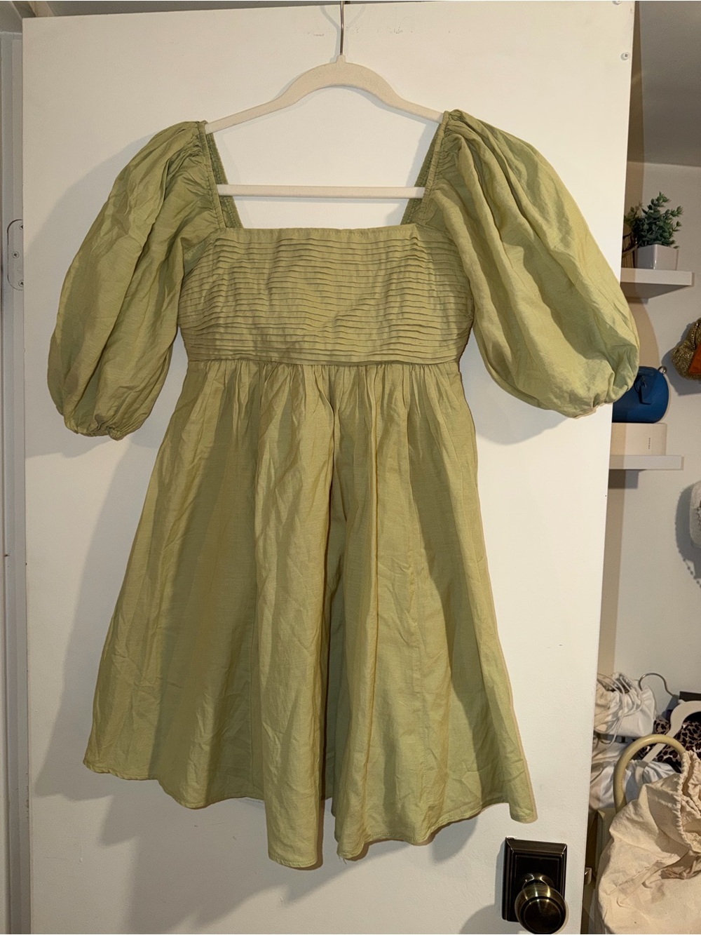 Abercrombie & Fitch Girls Puff Sleeve Square Neck Dress in Sage Green
